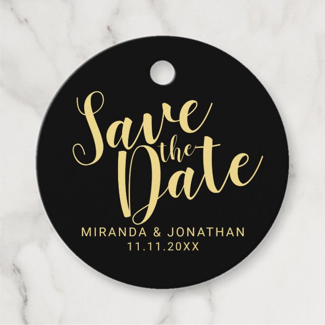 Étiquettes Cadeau Élégant mariage noir et or Enregistrer la date (Devant)