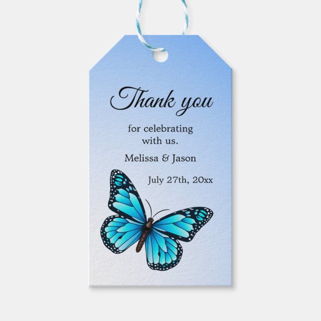 Étiquettes-cadeau Élégant Merci à papillon bleu (Devant)