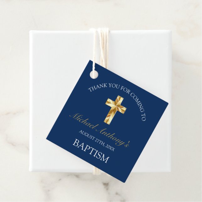 Étiquettes Cadeau Elégant Merci Baptême de bébé de la Marine d'or (En situation)