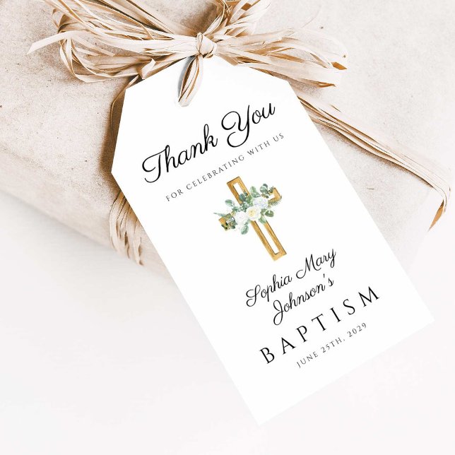 Étiquettes-cadeau Elégant Merci de Baptême Floral Croix Religieuse (Elegant Religious Cross Floral Baptism Thank You Gift Tags)