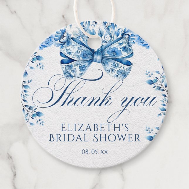Étiquettes Cadeau Élégant Merci de calligraphie de boue florale bleu (Devant)