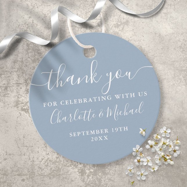 Étiquettes Cadeau Élégant Merci de script Dusty Mariage bleu (Créateur téléchargé)