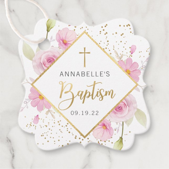 Étiquettes Cadeau Élégant Merci du baptême floral (Devant)