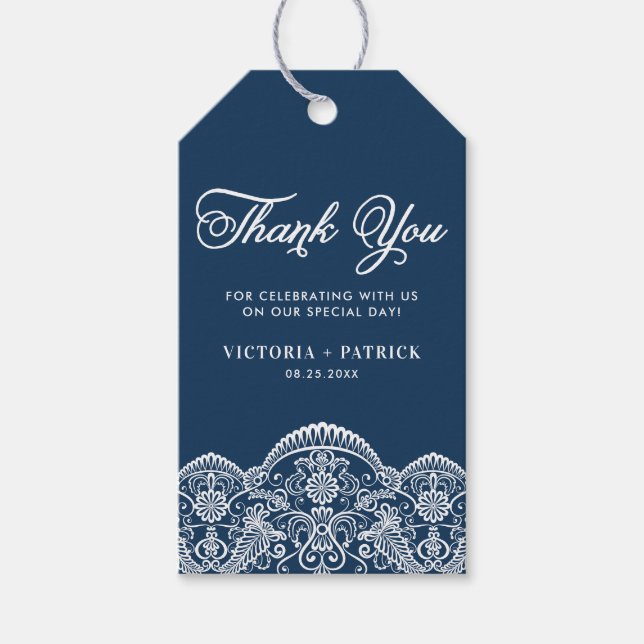 Étiquettes-cadeau Elégant Merci Mariage Brocade Lace Bleu (Devant)