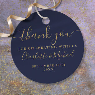 Étiquettes Cadeau Élégant Merci Mariage Écriture Navy Bleu Or