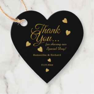 Étiquettes Cadeau Élégant Merci noir et or Mariage de coeur