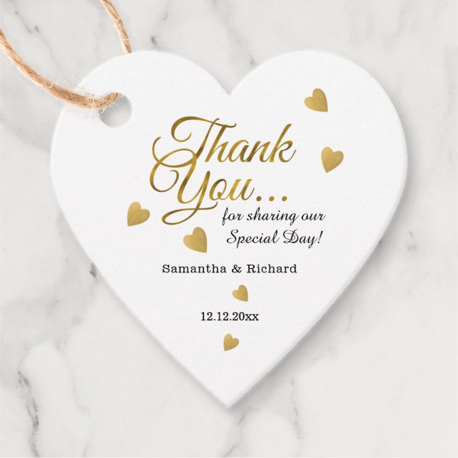 Étiquettes Cadeau Élégant Merci Or Mariage de coeur (Devant)