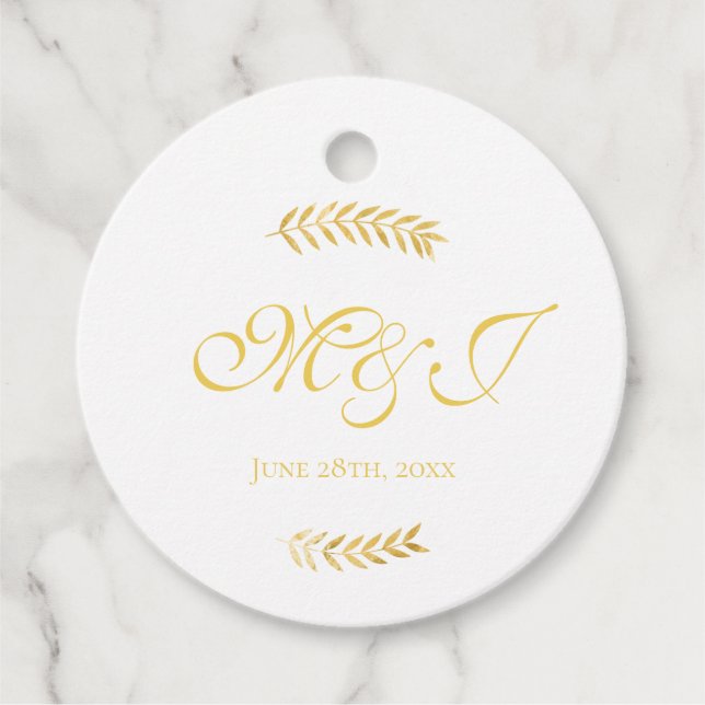Étiquettes Cadeau Élégant Monogramme Feuille d'or Mariage (Devant)