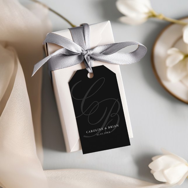 Étiquettes-cadeau Élégant, Monogramme, Mariage (Elegant, Monogram, Wedding Black Gift Tags. With your names & date.)