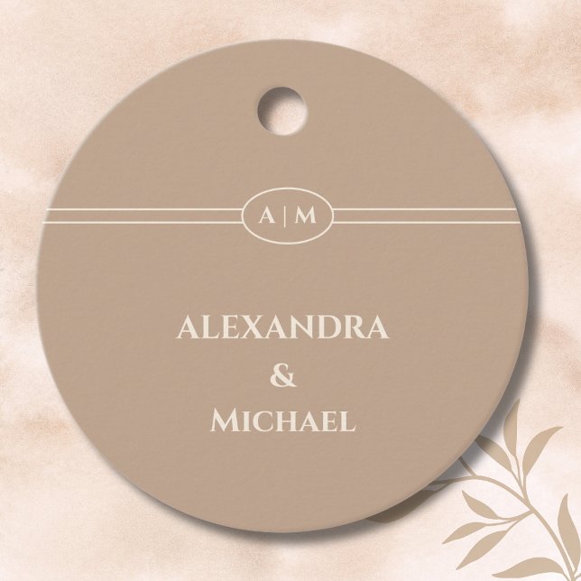 Étiquettes Cadeau Élégant Monogramme Taupe Mariage Merci (Créateur téléchargé)