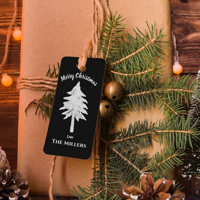 Étiquettes-cadeau Elégant Noir Blanc Noël Arbre Joyeux Noël (Elegant Black White Christmas Tree Merry Christmas Gift Tags)