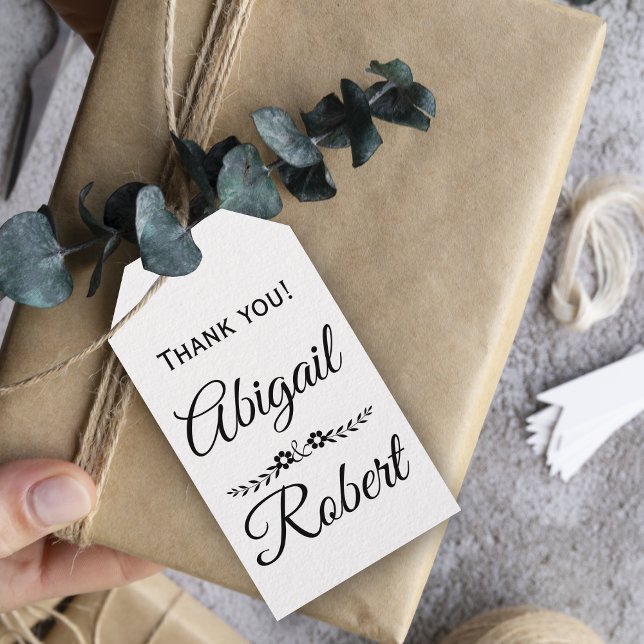 Étiquettes-cadeau Élégant noir, blanc typographie mariage Merci (Créateur téléchargé)