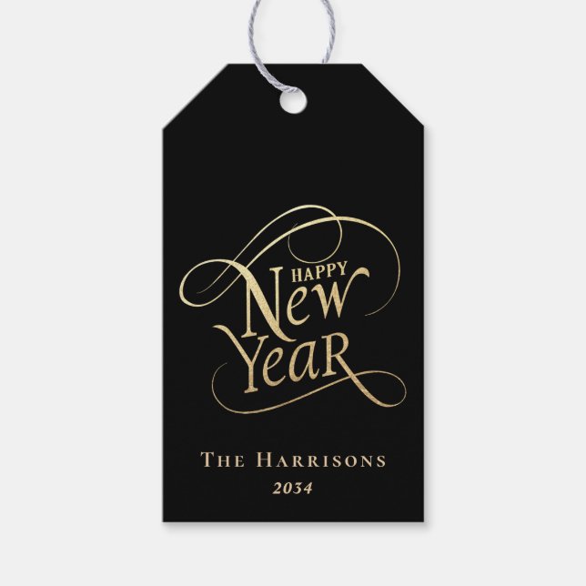 Étiquettes-cadeau Élégant Nouvel An Noir Or (Devant)