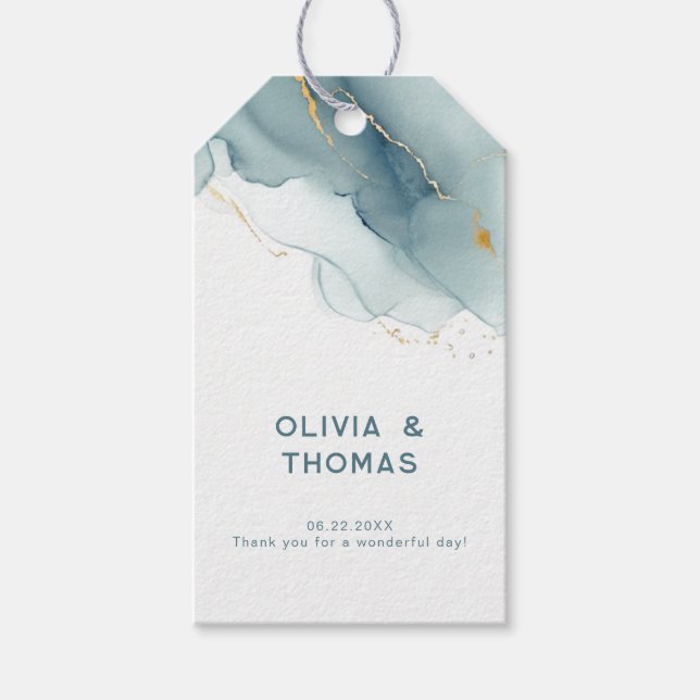 Étiquettes-cadeau Elégant Ocean Beach Dusty Blue Mariage Merci (Devant)