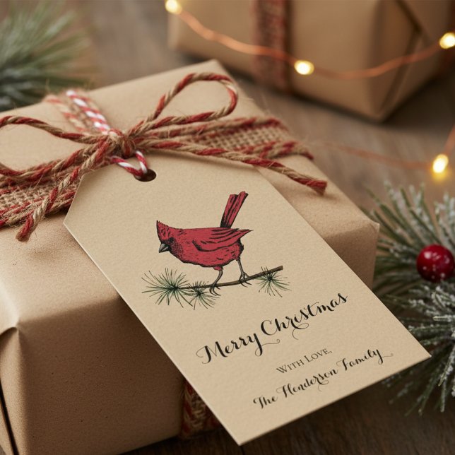 Étiquettes-cadeau Élégant or Cardinal Oiseau Noël (Modern Single Red Cardinal Bird with Editable Merry Christmas and Family Name. Gold Xmas Gift Tags)