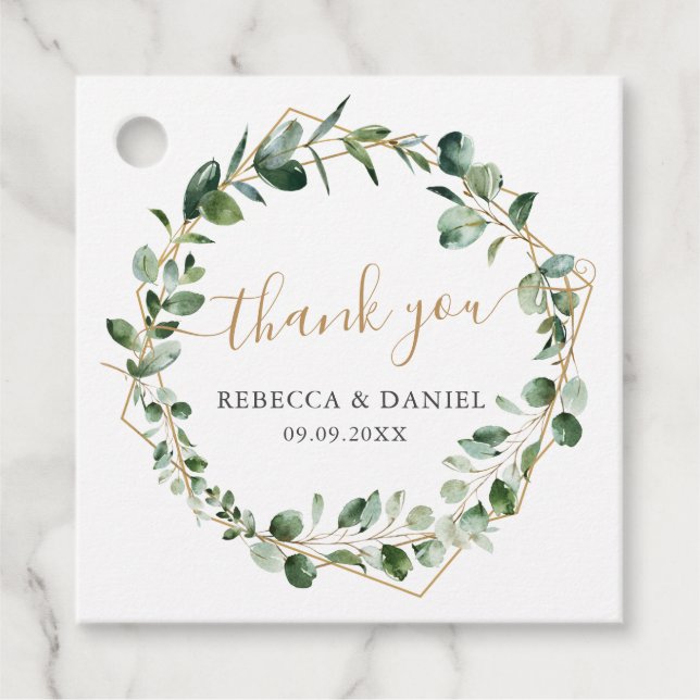 Étiquettes Cadeau Elégant or de verdure géométrique Mariage Merci (Devant)
