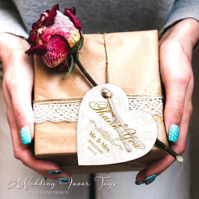 Étiquettes Cadeau Élégant or Mariage Merci Floral (Créateur téléchargé)