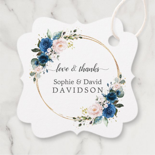 Étiquettes Cadeau Elégant or Marine bleu rose Fleurs Mariage de fleu (Dos)