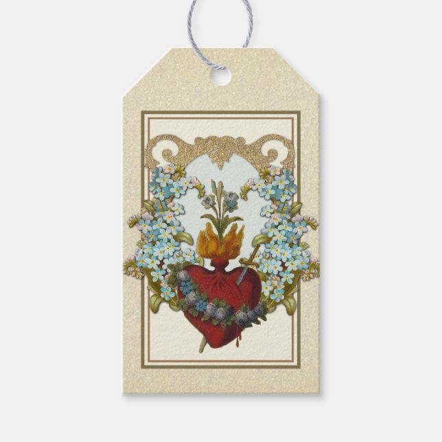 Étiquettes-cadeau Elégant Or Sacré Coeur Jésus Floral Religieux (Devant)