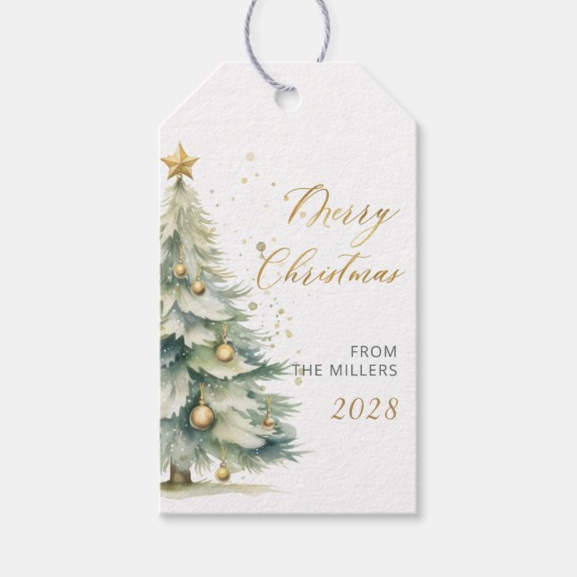 Étiquettes-cadeau Elégant or Script Aquarelle Arbre de Noël (Devant)