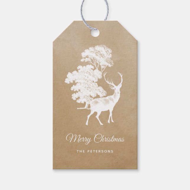 Étiquettes-cadeau Élégant papier kraft festif blanc cerf (Devant)