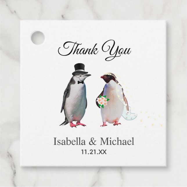 Étiquettes Cadeau Élégant Penguin Couple Merci Mariage (Devant)