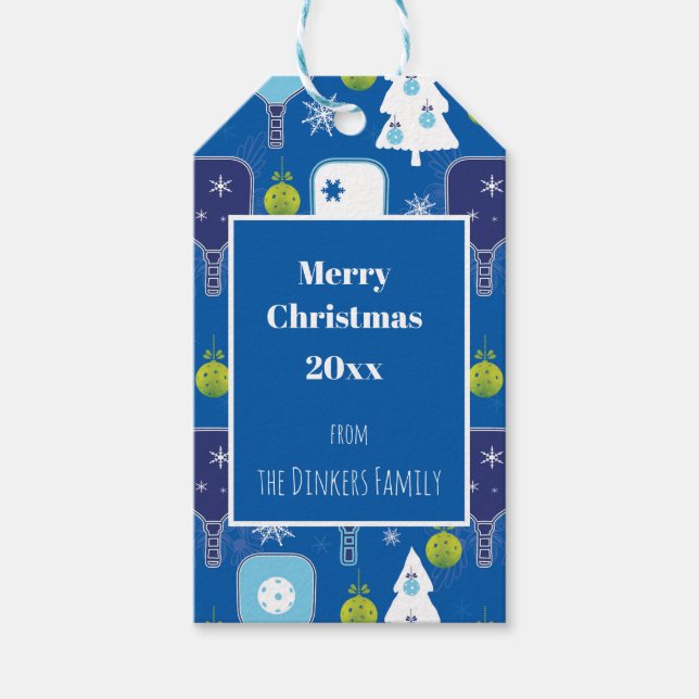 Étiquettes-cadeau Elégant pickleball de Noël bleu et blanc (Devant)
