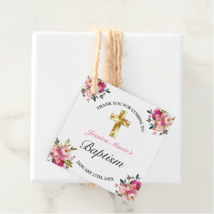 Étiquettes Cadeau Élégant PInk Floral Gold Cross Baptism