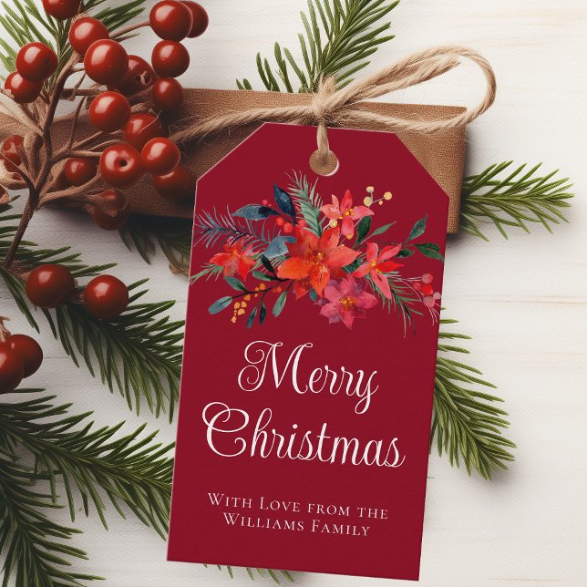 Étiquettes-cadeau Élégant Poinsettia Rouge Personnalisé Joyeux Noël (Créateur téléchargé)