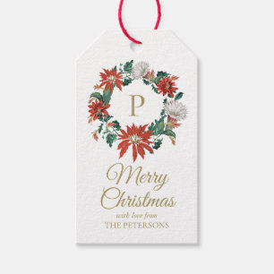 Étiquettes-cadeau Élégant Poinsettia Vintage Wreath Gold Nom