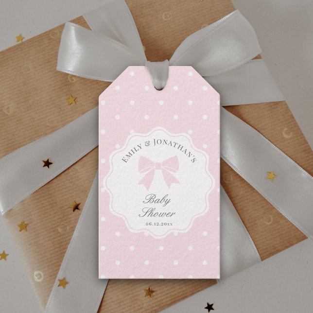 Étiquettes-cadeau Élégant Pois bébé rose Bow Baby shower fille (Créateur téléchargé)