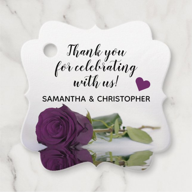 Étiquettes Cadeau Élégant prune violet Rose Mariage Merci (Devant)