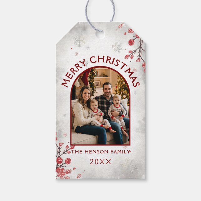 Étiquettes-cadeau Elegant Red Berries Family Photo Christmas Holiday (Devant)