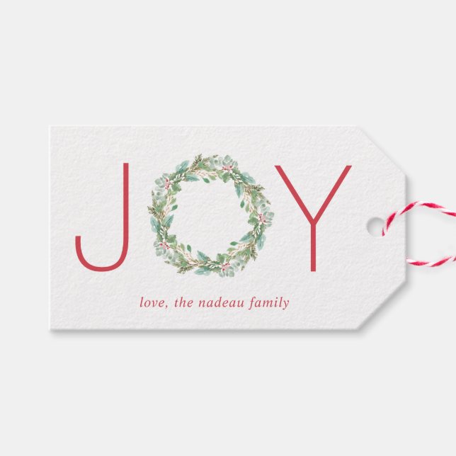 Étiquettes-cadeau Elégant Red et Green Joy Wreath Noël (Devant (Horizontal))