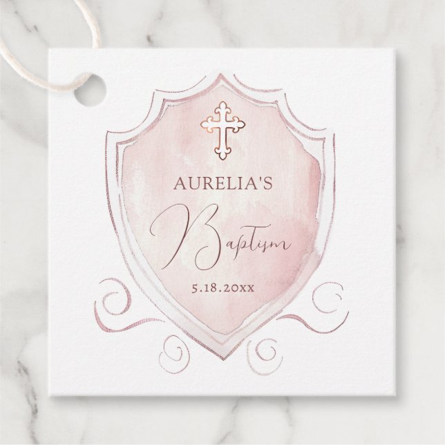 Étiquettes Cadeau Élégant rose Aquarelle Crest Baptême (Devant)