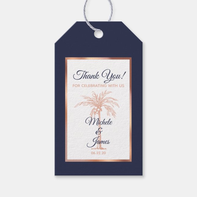 Étiquettes-cadeau Elégant Rose bleu marine Gold Palm Tree Mariage (Devant)