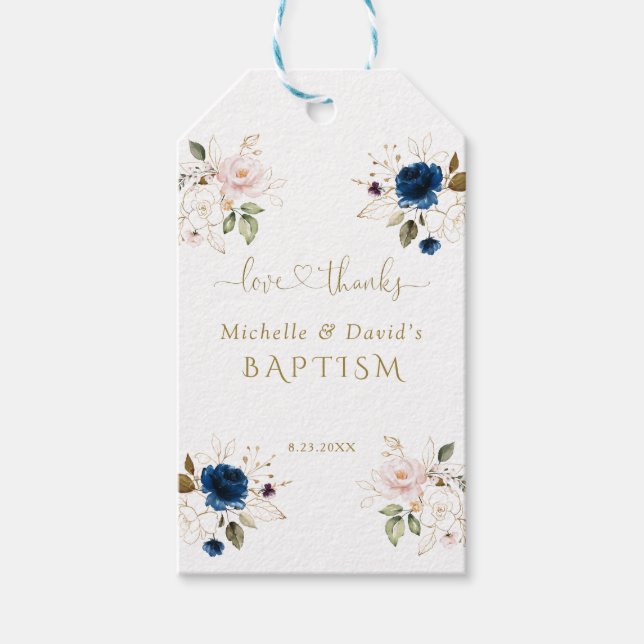 Étiquettes-cadeau Élégant rose Bleu Or Floral Twins Baptême (Devant)