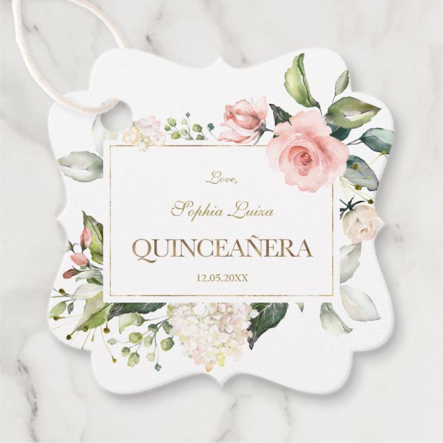 Étiquettes Cadeau Elégant rose Blush Fleurs blanches or Quinceañera (Devant)