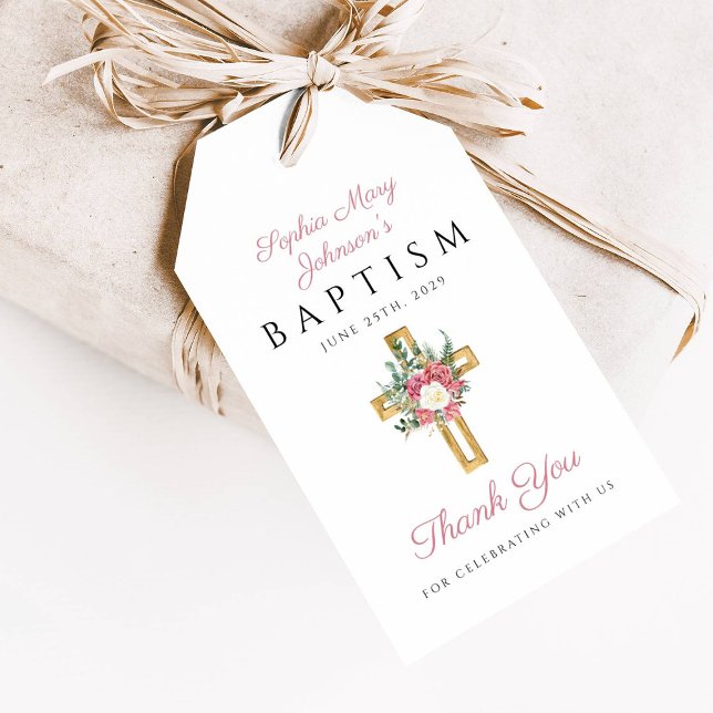 Étiquettes-cadeau Élégant rose Floral Cross Girl Baptism (Elegant Pink Floral Cross Girl Baptism Gift Tags)