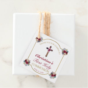Étiquettes Cadeau Élégant Rose Floral Gold First Holy Communion