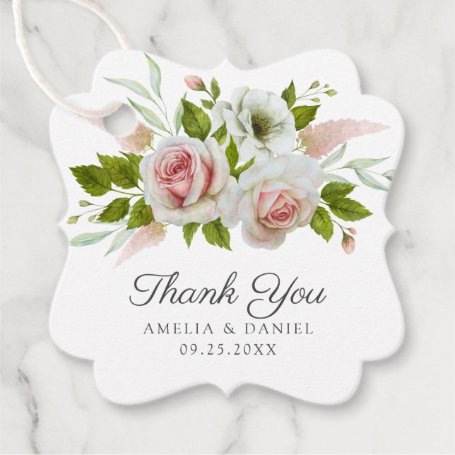 Étiquettes Cadeau Elégant rose Roses Aquarelle Mariage Floral (Devant)