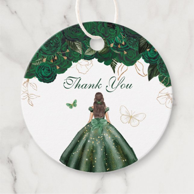 Étiquettes Cadeau Élégant Rose vert émeraude  papillon Merci (Devant)