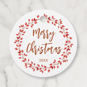 Étiquettes Cadeau Elégant Rosehips Aquarelle Joyeux Noël. Arrondie