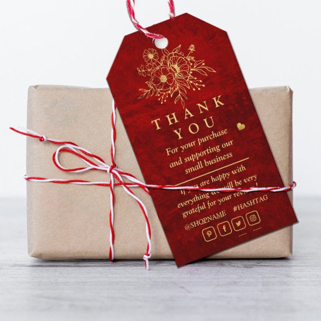 Étiquettes-cadeau Elégant rouge or Scratch floral merci (For the ones who love a dramatic touch #Christmas #holiday #zazzlemade #royalred #scratch #gifttag)