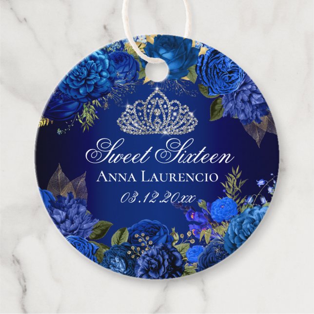 Étiquettes Cadeau Elégant Royal Blue Floral Rose Sweet 16 (Devant)