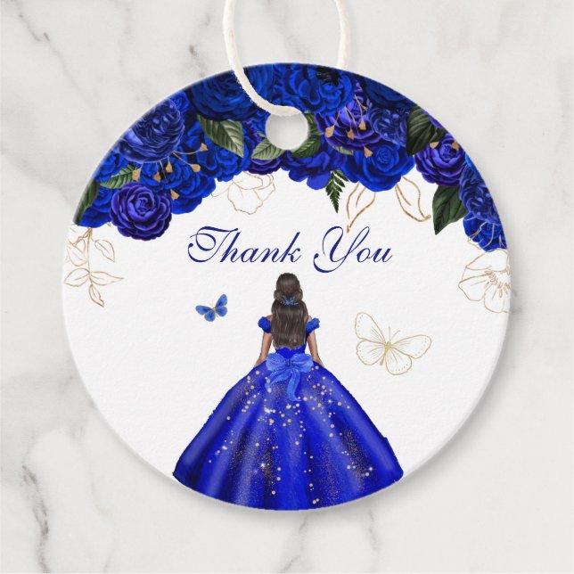 Étiquettes Cadeau Élégant Royal Blue Rose papillon Quinceanera Fa (Devant)