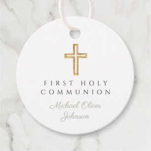 Étiquettes Cadeau Elégant Sage Green Cross Boy First Communion Round