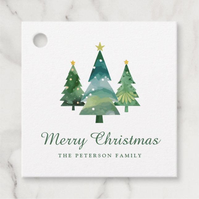 Étiquettes Cadeau Élégant Script Aquarelle Arbres de Noël (Devant)
