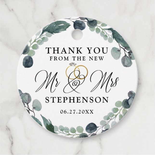 Étiquettes Cadeau Élégant script Eucalyptus Mariage Merci (Devant)