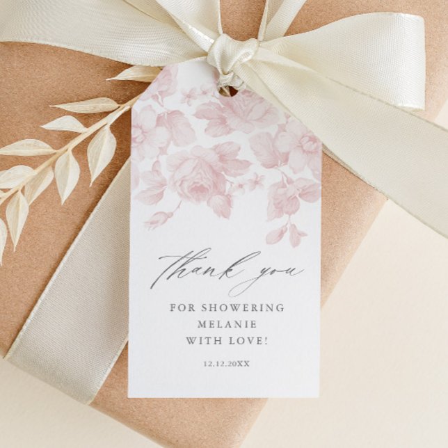 Étiquettes-cadeau Élégant Script Floral Fête des mariées rose Favori (Elegant floral pink roses bridal shower thank you favor tag.)
